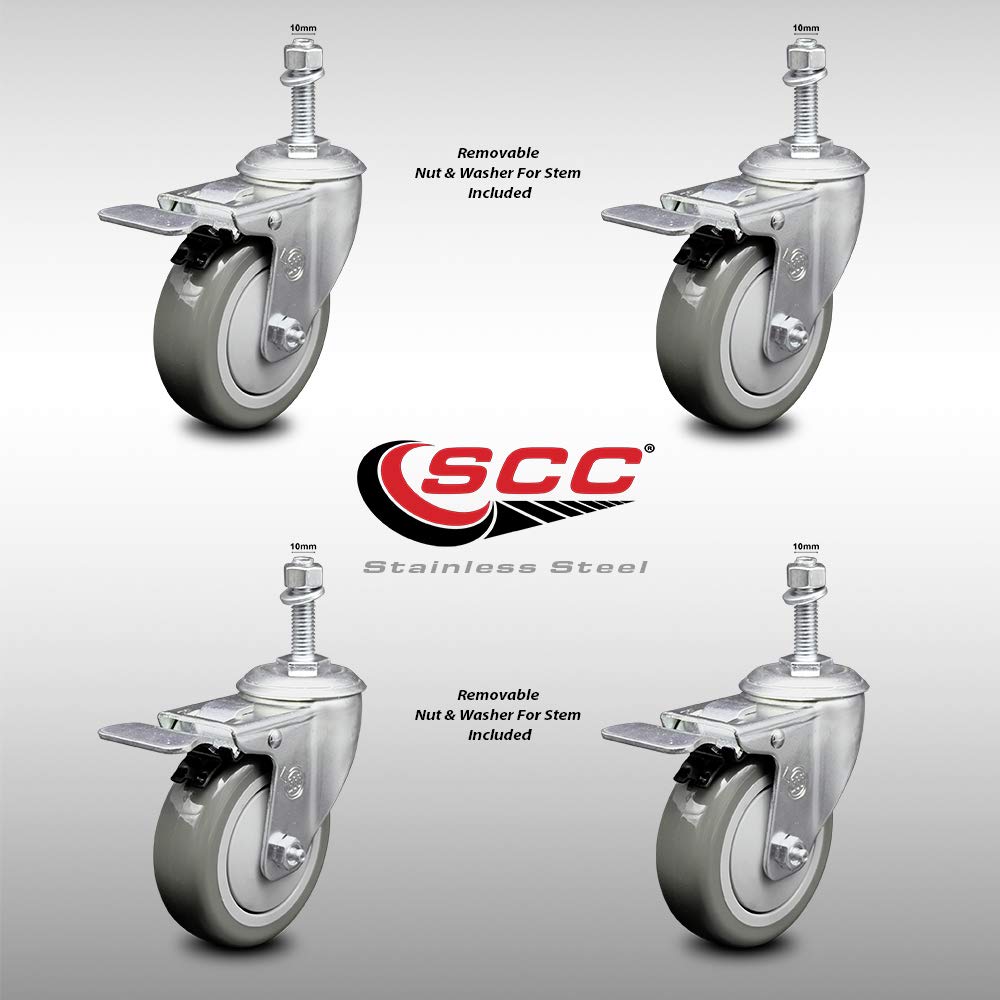 Stainless Steel Polyurethane Swivel Threaded Stem Caster Set of 4 w/4
