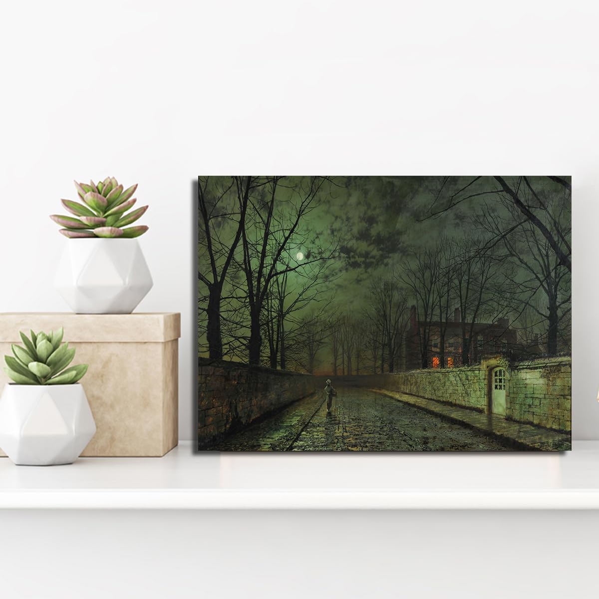 CHERHERART Srebrne płótno księżycowe malowanie drukuje tajemnicze i spokojne nocne płótno oprawione zdjęcie do salonu i biura 40 x 60 cm