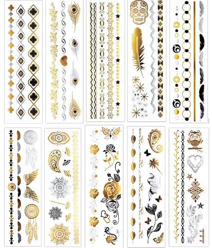 10 fogli di tatuaggi temporanei oro e argento, con piume e ali di rosa, W2