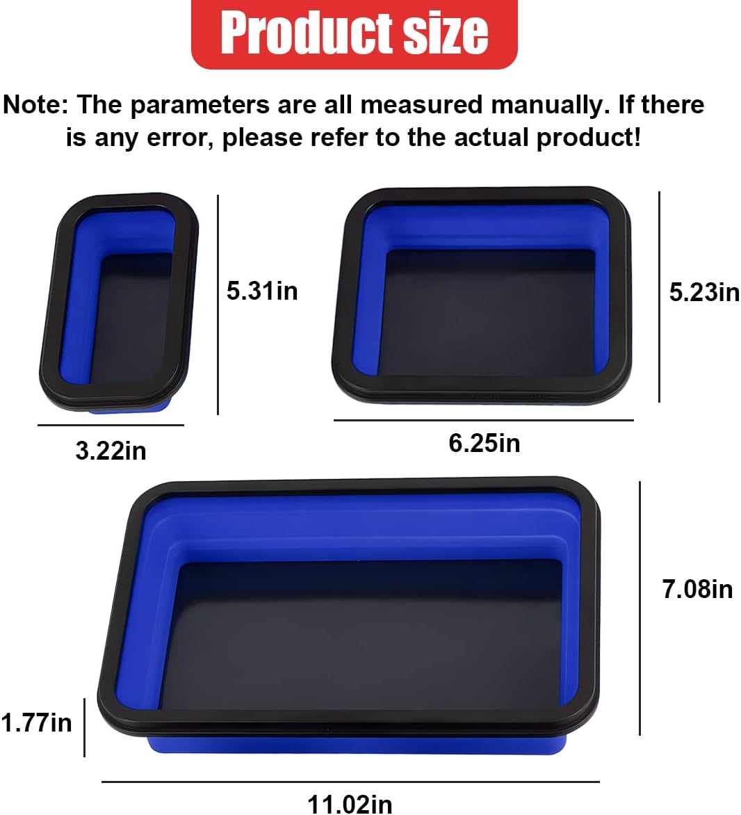 3PCS Collapsible Magnetic Parts Tray Set, Silicone Foldable Magnetic Tool Tray in 3 Different Size for Storage Organizer Screw Bolts Washers Nuts Pins & Other Small Metal Parts (Blue)