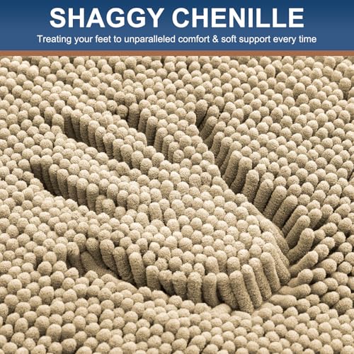 Smiry Luxury Chenille Bathroom Rugs 30x20, Extra Soft and Absorbent Shaggy Bath Mat, Machine Washable, Non-Slip Plush Carpet Runner for Tub, Shower, and Floor, Home Decor Accessories, Beige