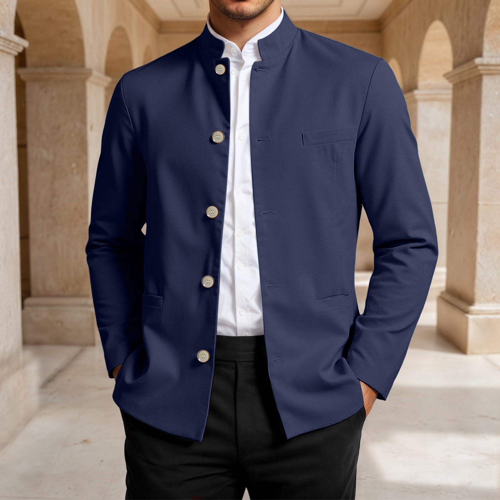 Generisch Sakko Business Casual Stehkragen Jacke mit Knöpfen Traditionelle Zhongshan (Navy, L)