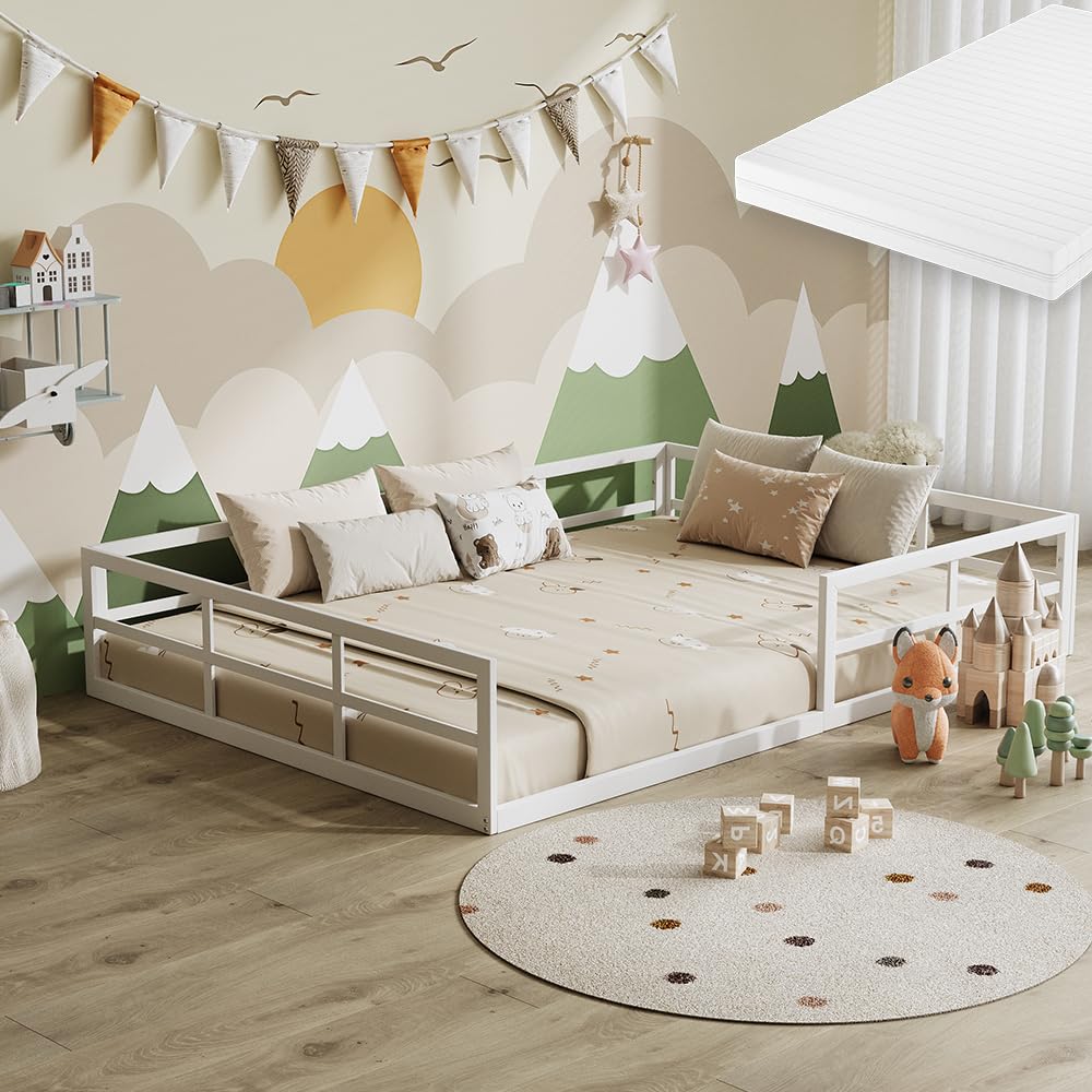 VitaliSpa Letto a pavimento Minno 140x200 cm, letto bambini Montessori in metallo con protezione anticaduta e materasso, bianco