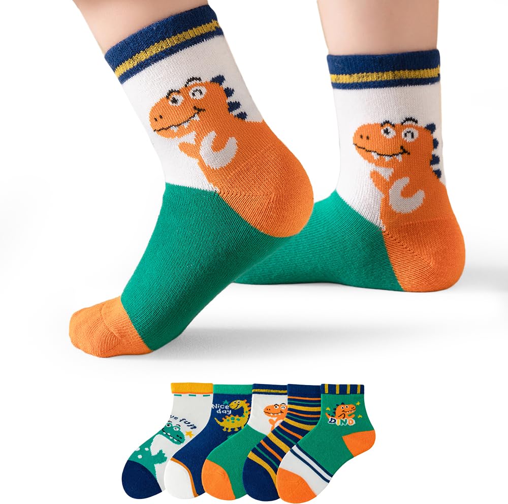 Dinosaur Socks for Boys, Dino Crew Boy Socks 6-8 Years Old Funky Novelty Cute Fun Dinosaur Gifts for Kids 5 Pairs Style F