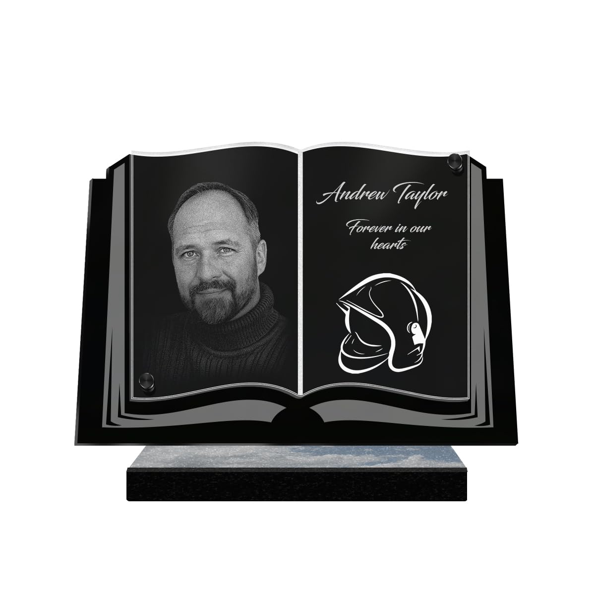 ETERNEL - Personalized Funeral Plaque Book Firefighter Helmet Customizable Photo and Text, laser-engraved funeral plaque for tribute, cemetery plaque, tombstone, ceremony, mourning