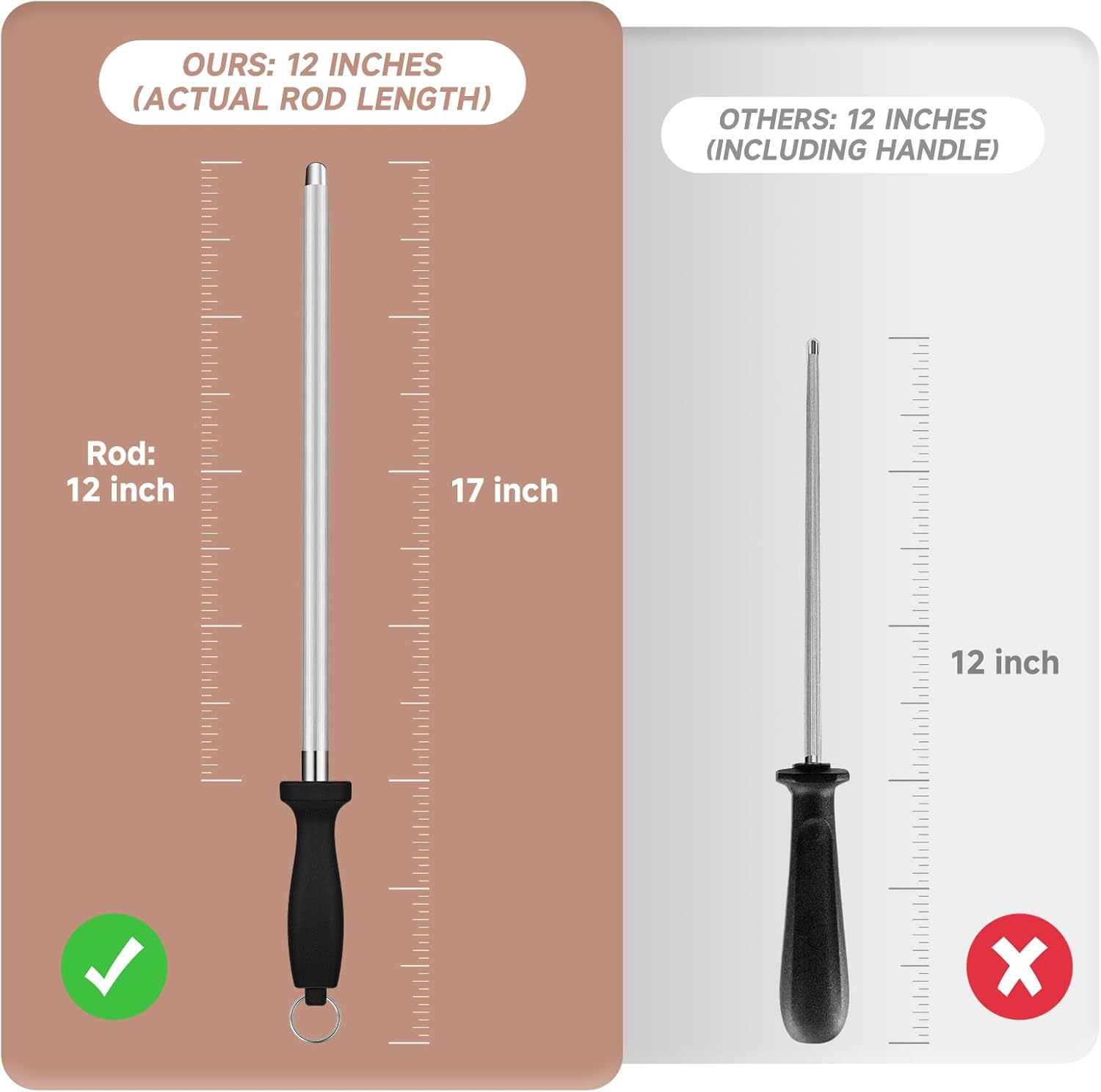 Kitchen Knife Sharpener Rod-12 Inches Professional Carbon Steel Knife Sharpening Honing Rod with Hanging Holes for Household, Chef, Hunting Sporting and Pocketknives, 17" Overall thumbnail