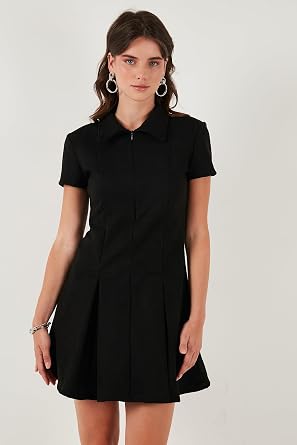 Lela Regular Fit Fermuarlı Polo Yaka Kısa Kollu Pileli Süet Elbise Bayan ELBİSE 5866438