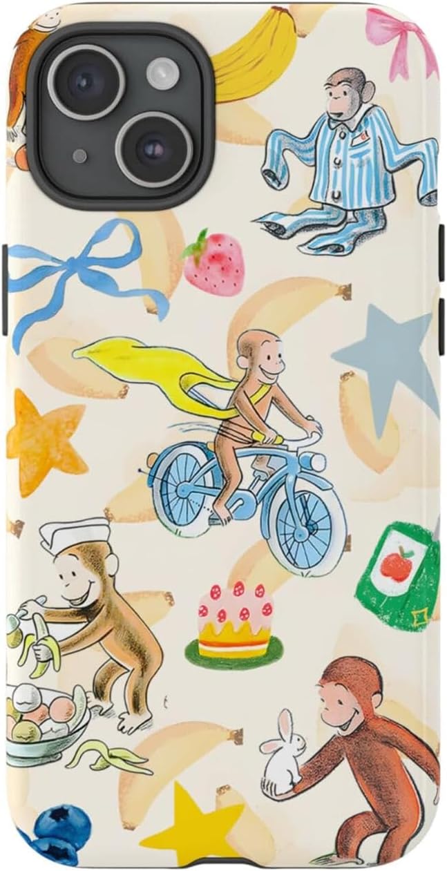 Curious Monkey & Banana Custom George Name Photo Phone Case Compatible with iPhone 14Pro, Protective Hybrid 2-Layer Hard Shell, Cute Curious Monkey Collection Playful George
