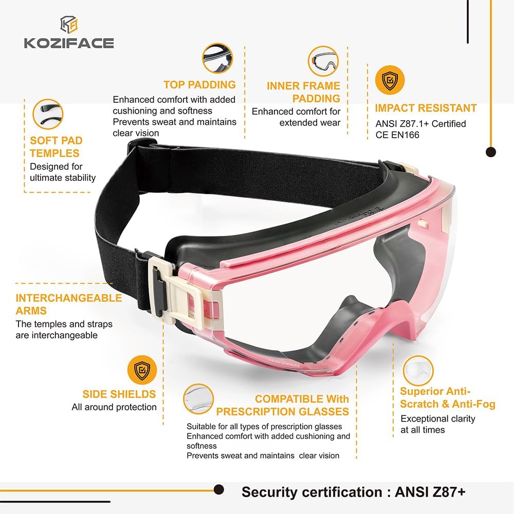 KOZIFACE S60 Safety Goggles, Clear, Anti-Fog Full-Seal Protective Eyewear with Strap & Arms, ANSI Z87.1+ Certified Protection