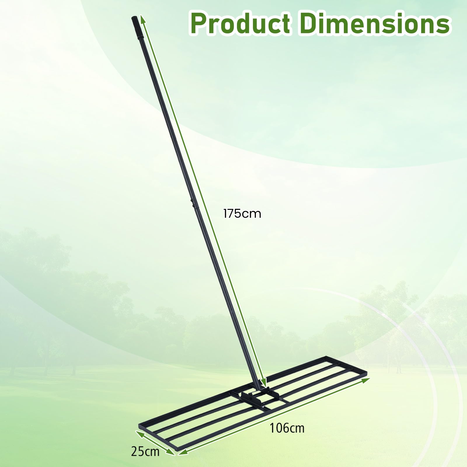 Rastrello livellatore per prato, livellatore per prato in metallo resistente con manico regolabile, strumento per livellare il terreno senza fatica per giardino, prato, campo da golf (verde, 42" x 1