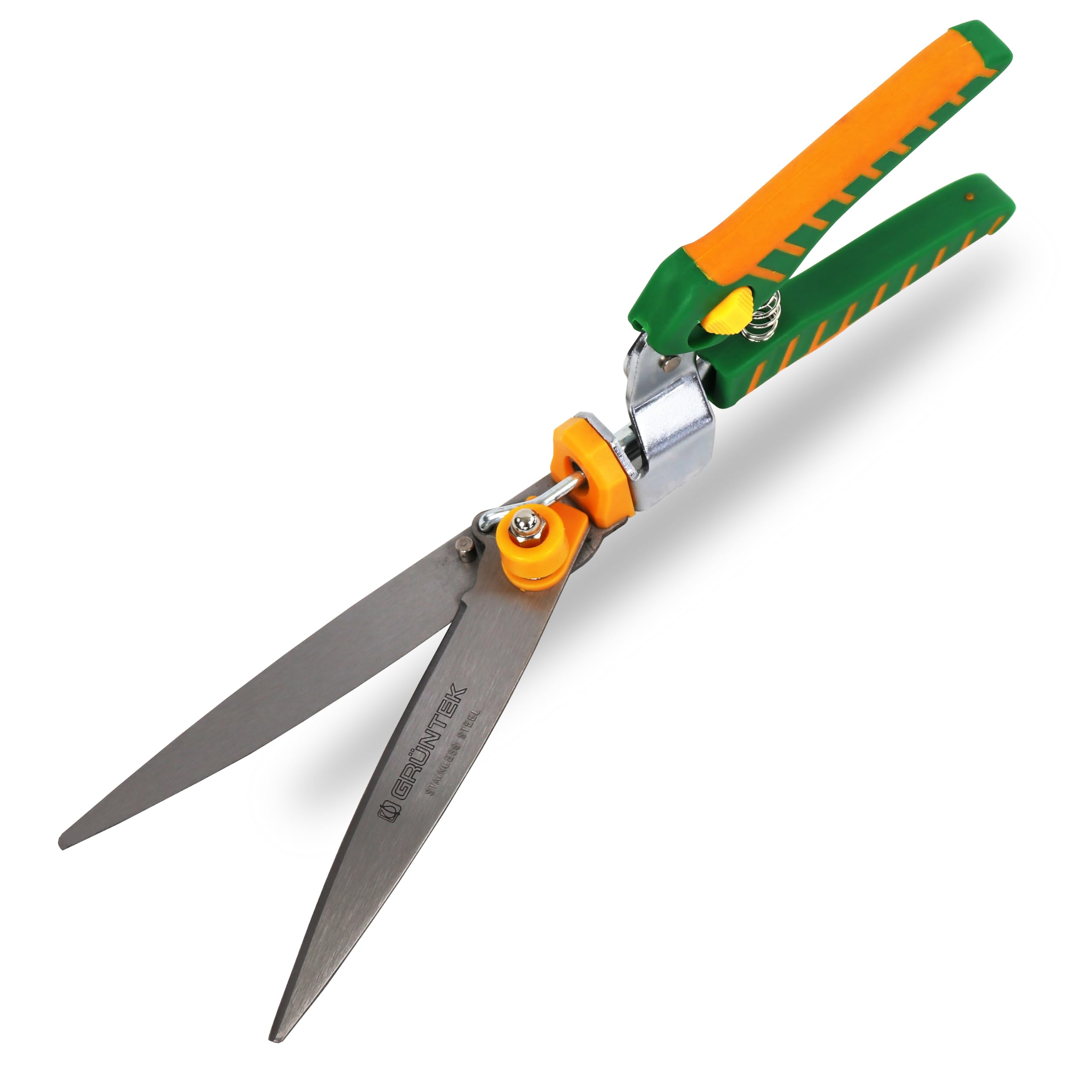 GRÜNTEK Tijeras Podar Hierba Cizalla Cortacésped PREMIUM en Acero INOX de 345 mm Verde Amarillo. Corte Ajustable 180° Mango Ergonomicos