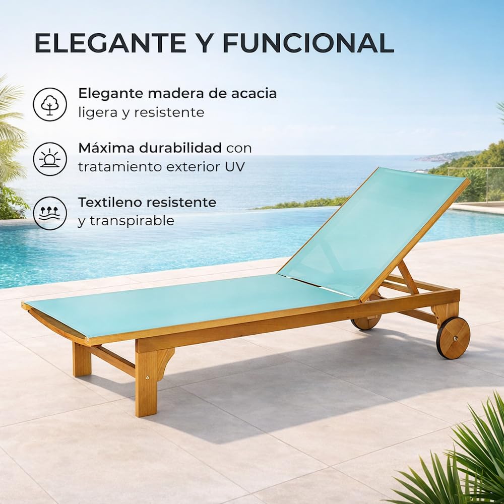 LOLAhome Tumbona Exterior Nina de Madera de Acacia, Turquesa | Reclinable con Ruedas, de 200x65 cm. Diseño y calidad.
