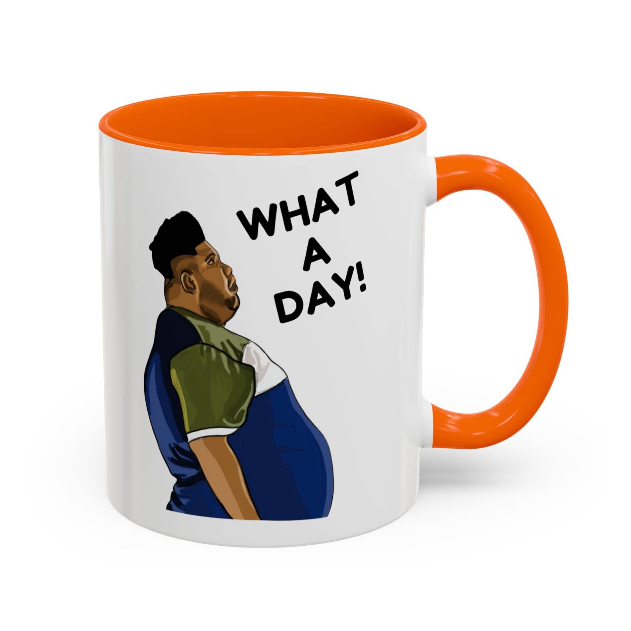 Funny What A Day Work Mug, Novelty Harvey Price Viral Meme, Office Humour Coffee Cup, Bad Day Mug, Gift for Colleague, Friend, Him or Her (Mug, Orange 11oz) — image 1
