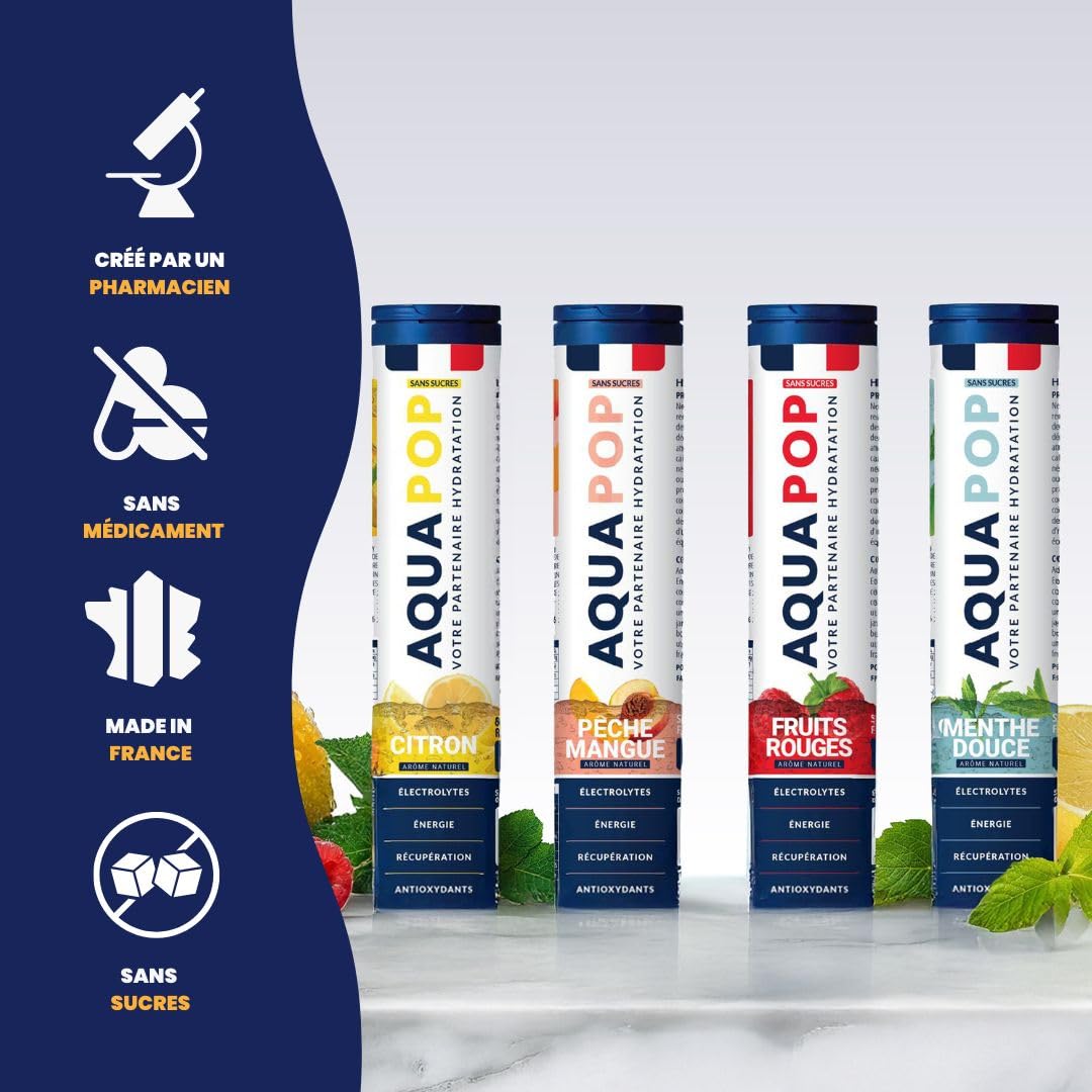 AQUAPOP - Pastilles électrolytes - Pack de 4 tubes - Sans Sucres - Favorise l'hydratation et l'énergie - 80 Comprimés Minéraux et Vitamines - Sport & Bien-être - 4 Pack