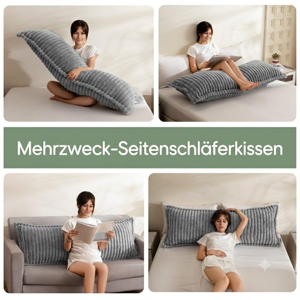HIGOGOGO Memory-Schaum Körperkissen, verdicktes großes langes Betttuch für Erwachsene, Ganzkörperkissen mit abnehmbarem Bezug (50 x 137 cm), Grau