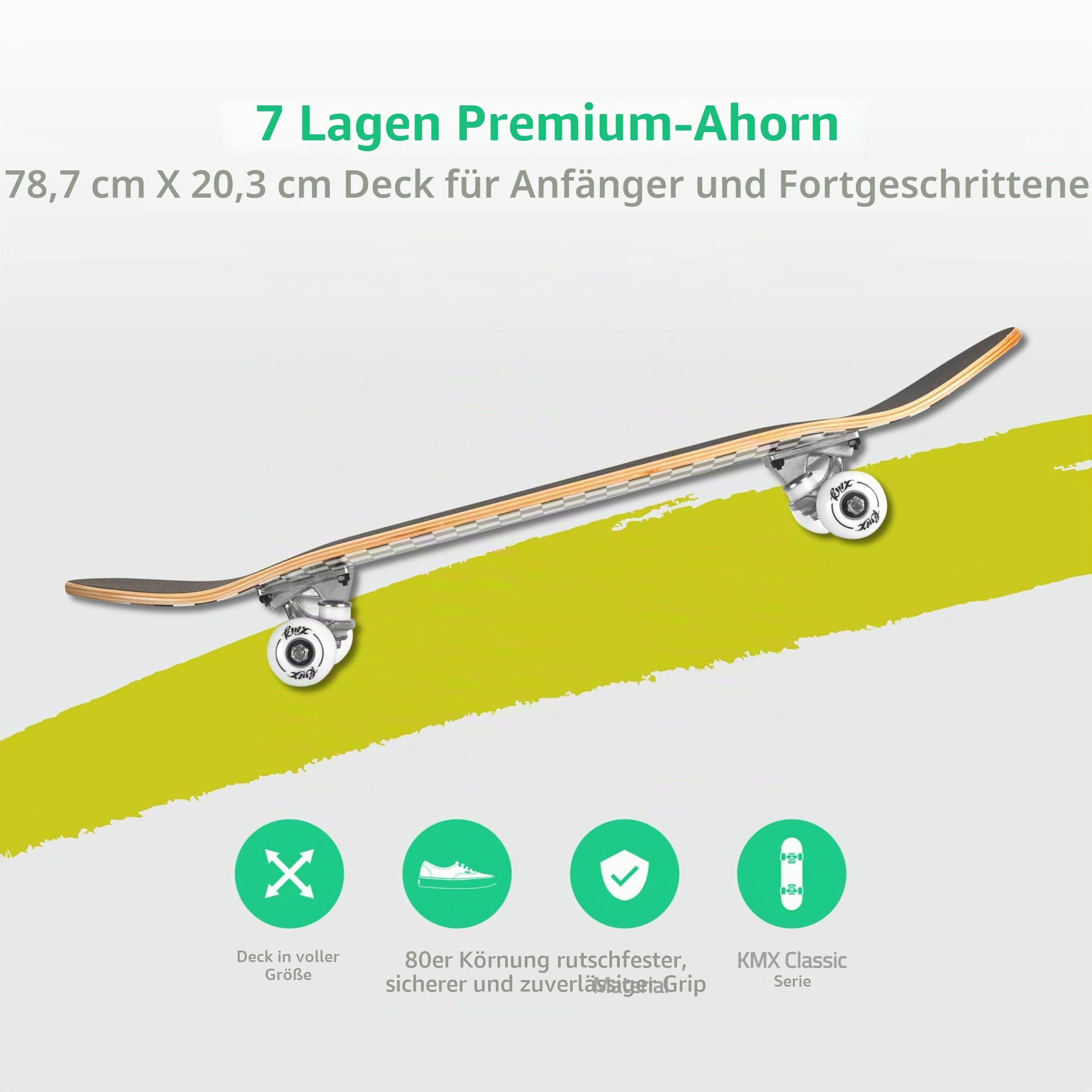 KMX Komplett Anfänger Skateboard mit coolem Design, Skate-Tool | für Jungen,Mädchen,Kinder,Schüler,Erwachsene,7-Lagiges Ahorn-Deck,Double Kick Concave,Aluminium-Achsen,PU-Rollen