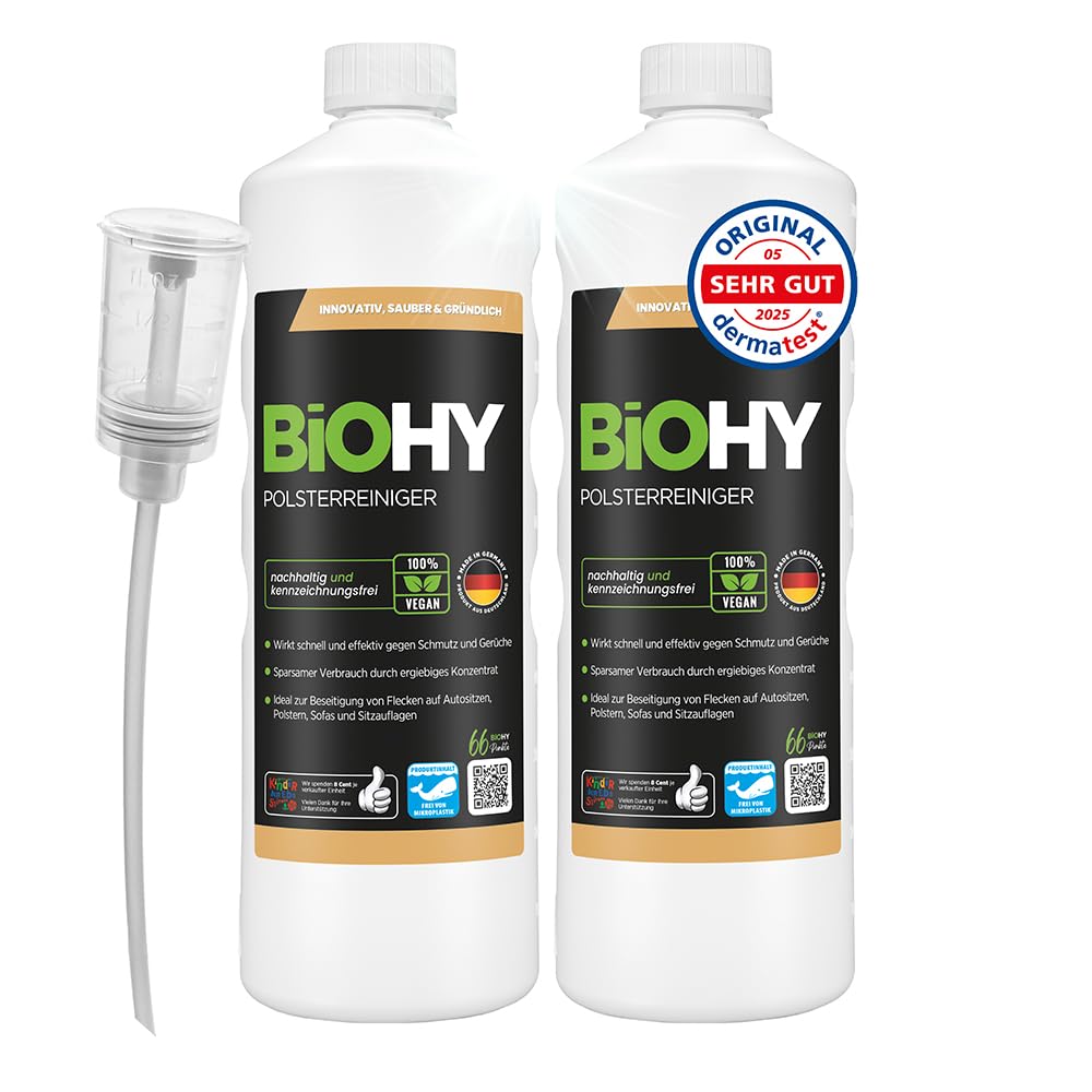 BiOHY Spezial Polsterreiniger (2 x 1 liter) + Dosierer | Konzentrat für Sofas, Polstermöbel, Teppiche & Textilien | für Nasssauger & Waschsauger | Fleckentferner | effektiver Textilerfrischer