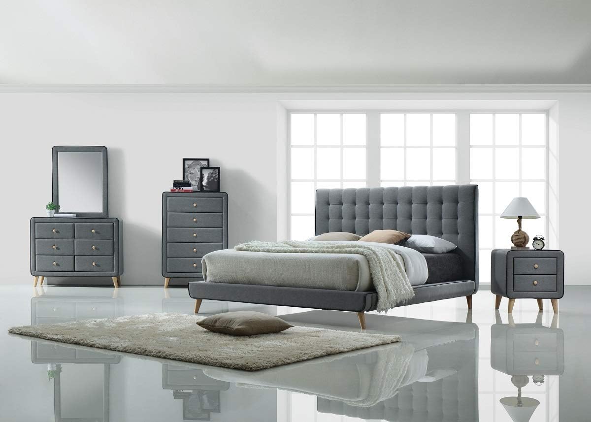 Tvardita 5 Pieces Modern Bed Room Set Upholstered in Light Gray Fabric