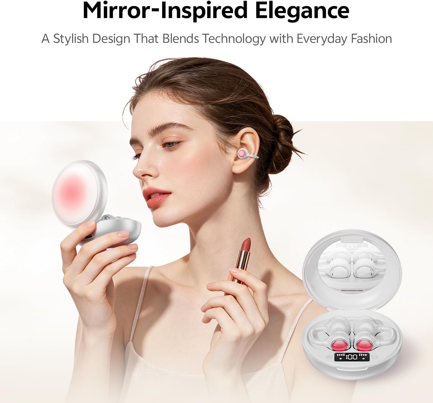 2026 Upgraded Open Ear Clip-On Earbuds – Smart Mirror Case with LED Display, Bluetooth 6.0 Enhanced, 40H Playtime, IPX6 Waterproof, Ultralight Fit for Women & Girls (White) image 3