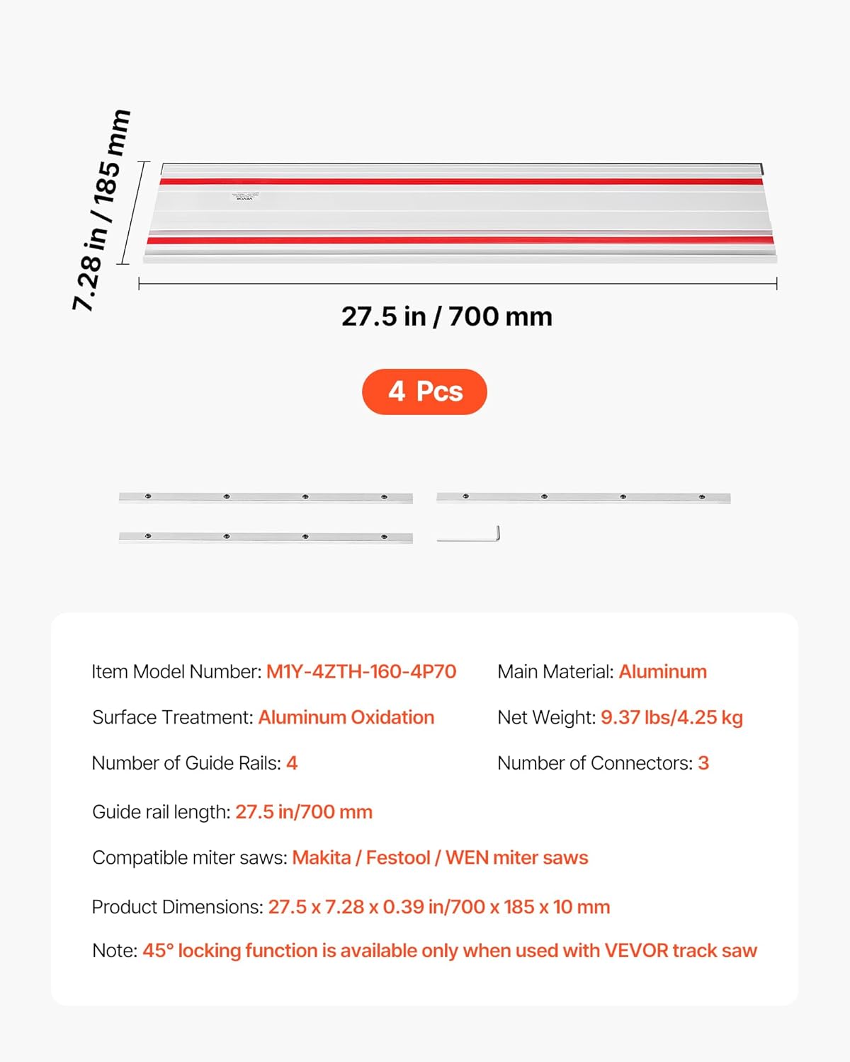 VEVOR Track Saw Guide Rail, 110-Inch Cutting Range, Kit Includes 4 x 27.5 in Aluminum Extruded Guide Rails and 3 Connectors, Compatible with Makita, Festool & WEN Track Saws, for Woodworking Projects