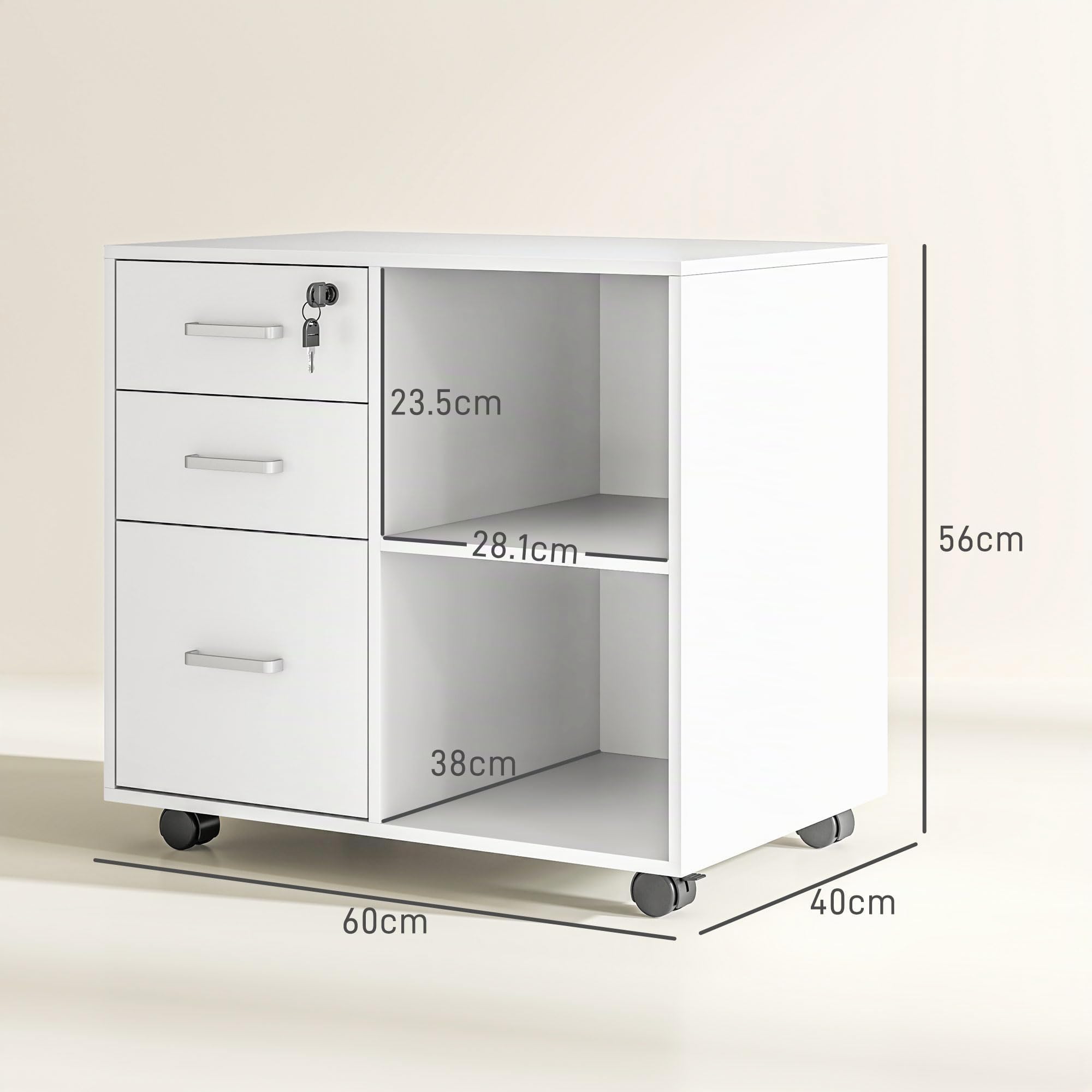HOMCOM Cassettiera Ufficio Portadocumenti 3 Cassetti 60x40x56 cm Bianco | Serratura, Mobile Ufficio in Legno con Ruote, 2 Vani, Cassetto con Chiavi, per Studio