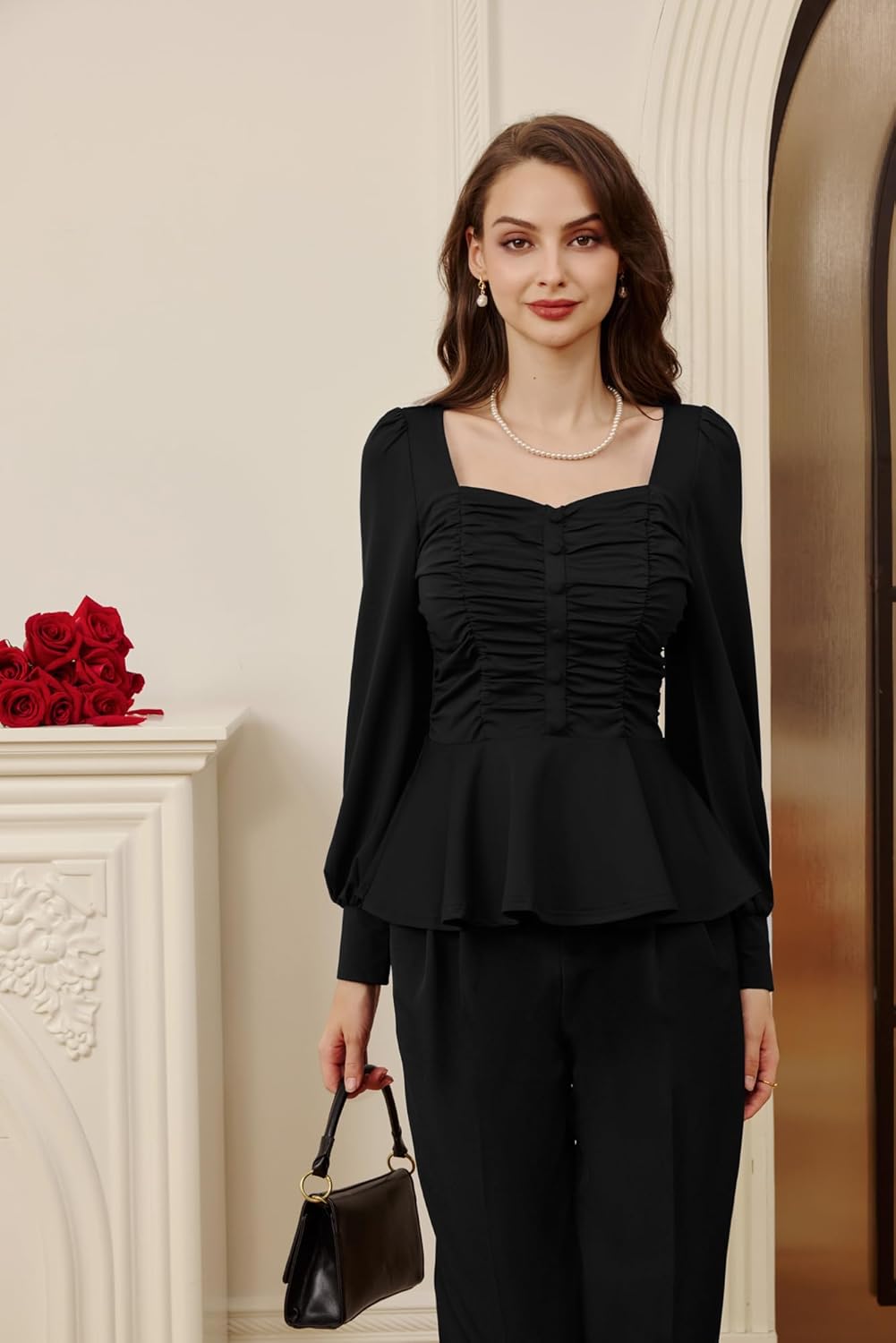 Belle Poque Peplum Tops for Women Square Neck Long Sleeve Blouses Ruffle Hem Smocked Elegant Shirts - Image 3
