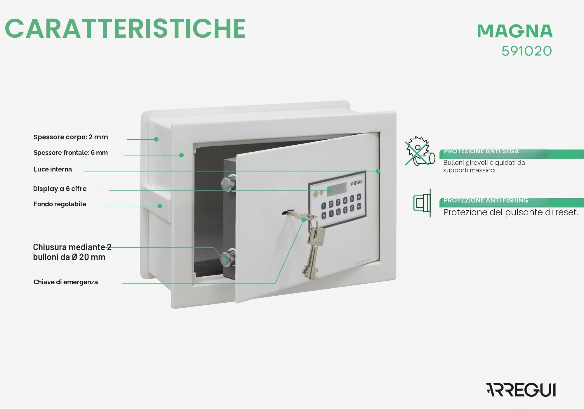 ARREGUI Magna 591020 Cassaforte da incasso con codice e chiave | Cassetta di sicurezza doppia con fondo estensibile per denaro | Cassaforte da parete elettronica per casa o ufficio | 26 x 36 x 15-25