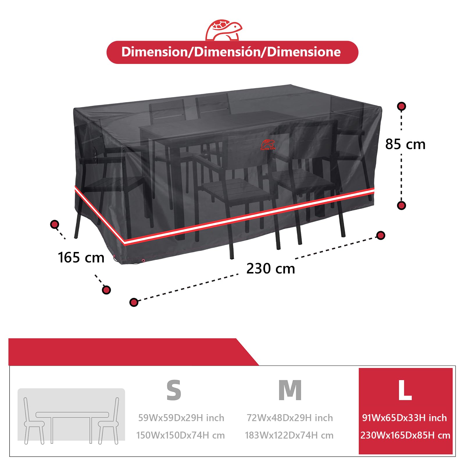 Turtle Life Housse de protection pour meubles de jardin - Rectangulaire - Imperméable - Coupe-vent - Oxford - Avec fentes d'aération - Noir - 230 x 165 x 85 cm