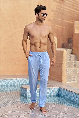 Miniatura 2 de Karlywindow Pantalones de lino para hombre, casuales, sueltos, ligeros, con cordón, cintura elástica, pantalones de verano para yoga y playa