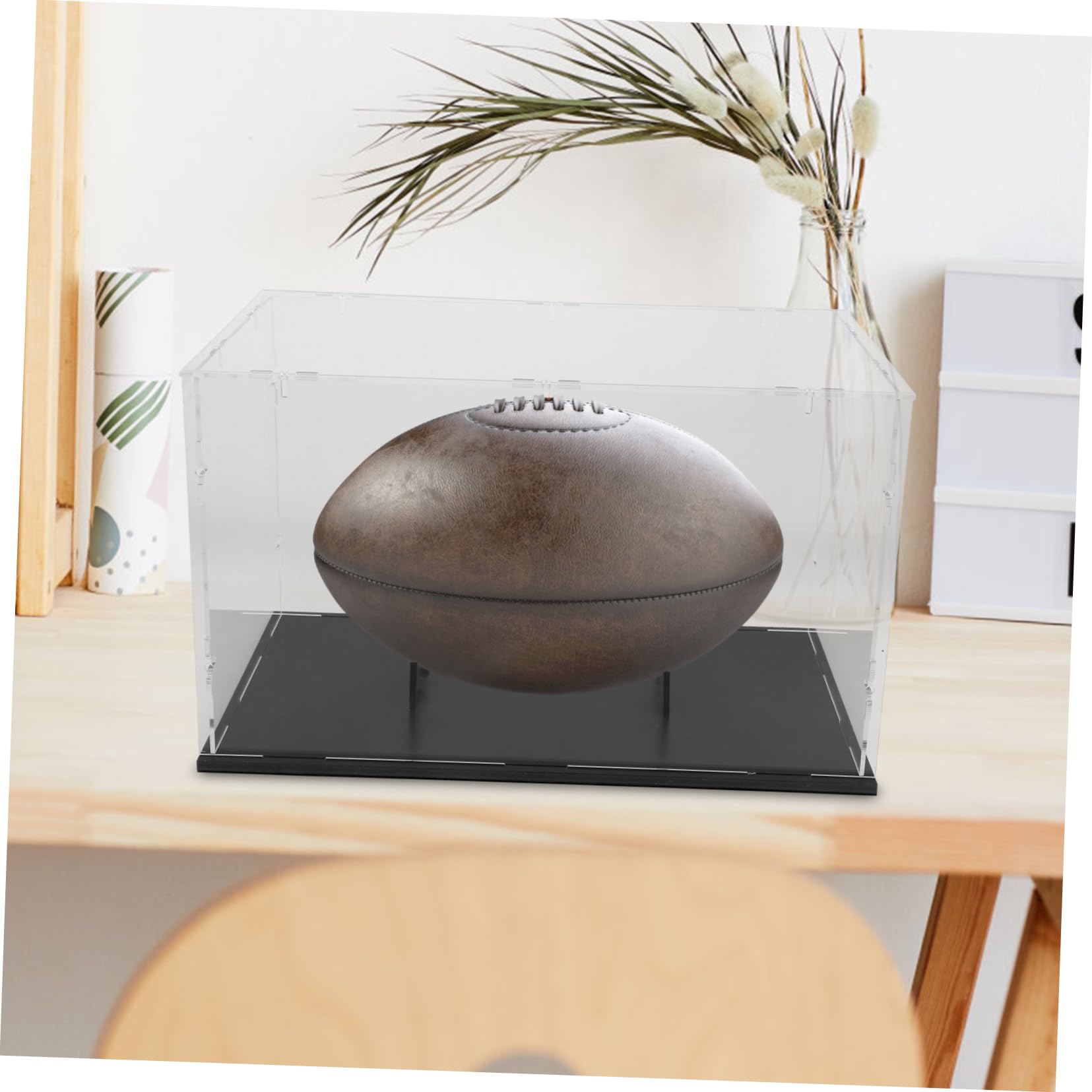 Vitrina Acrílica Transparente con Tapa Desmontable para Balón de Rugby y Béisbol, Diseño Removible, Material Acrílico Negro Adecuado para Uso en Interiores y Hogar