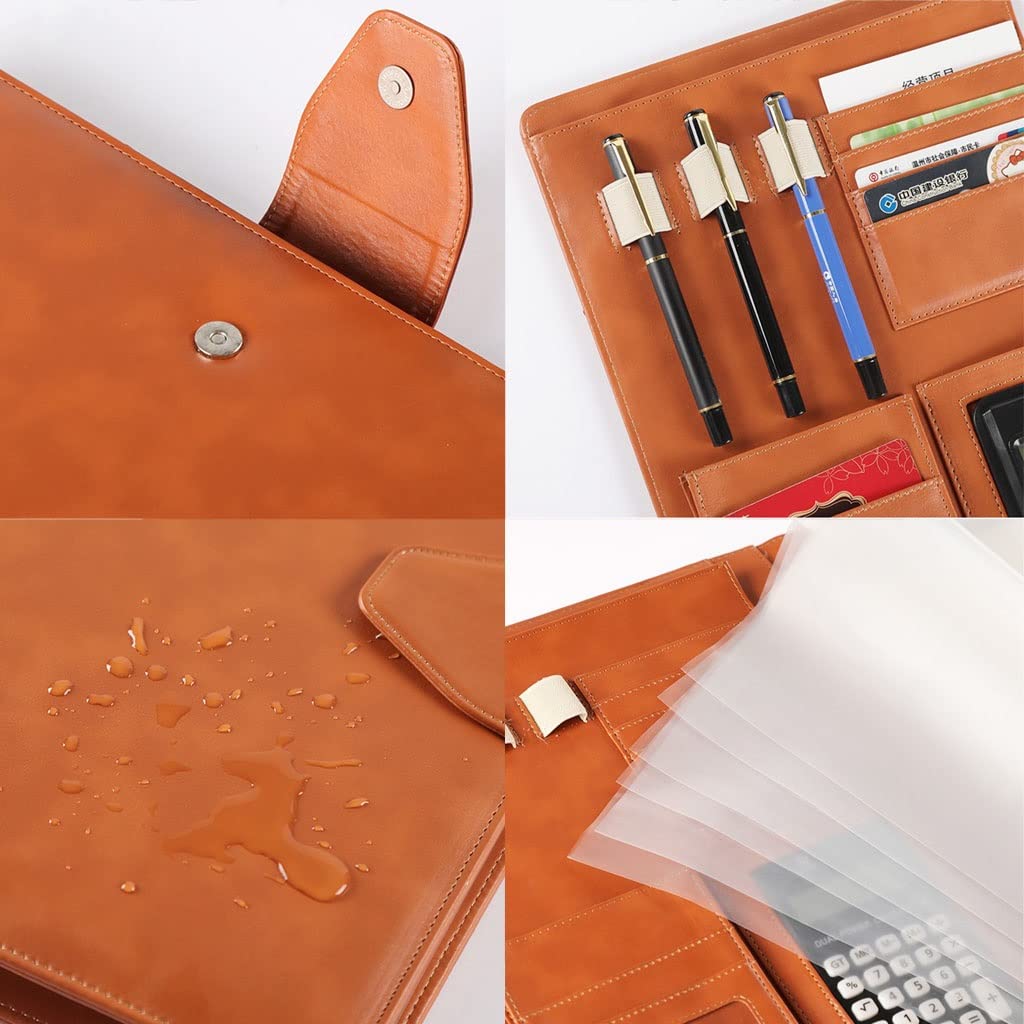 Teczka konferencyjna A4, Binder 4 segregator kołowy CV teczka skórzana profesjonalny organizer biznesowy na list A4/notatnik prezent dla mężczyzn(Brown,12digit calculator)
