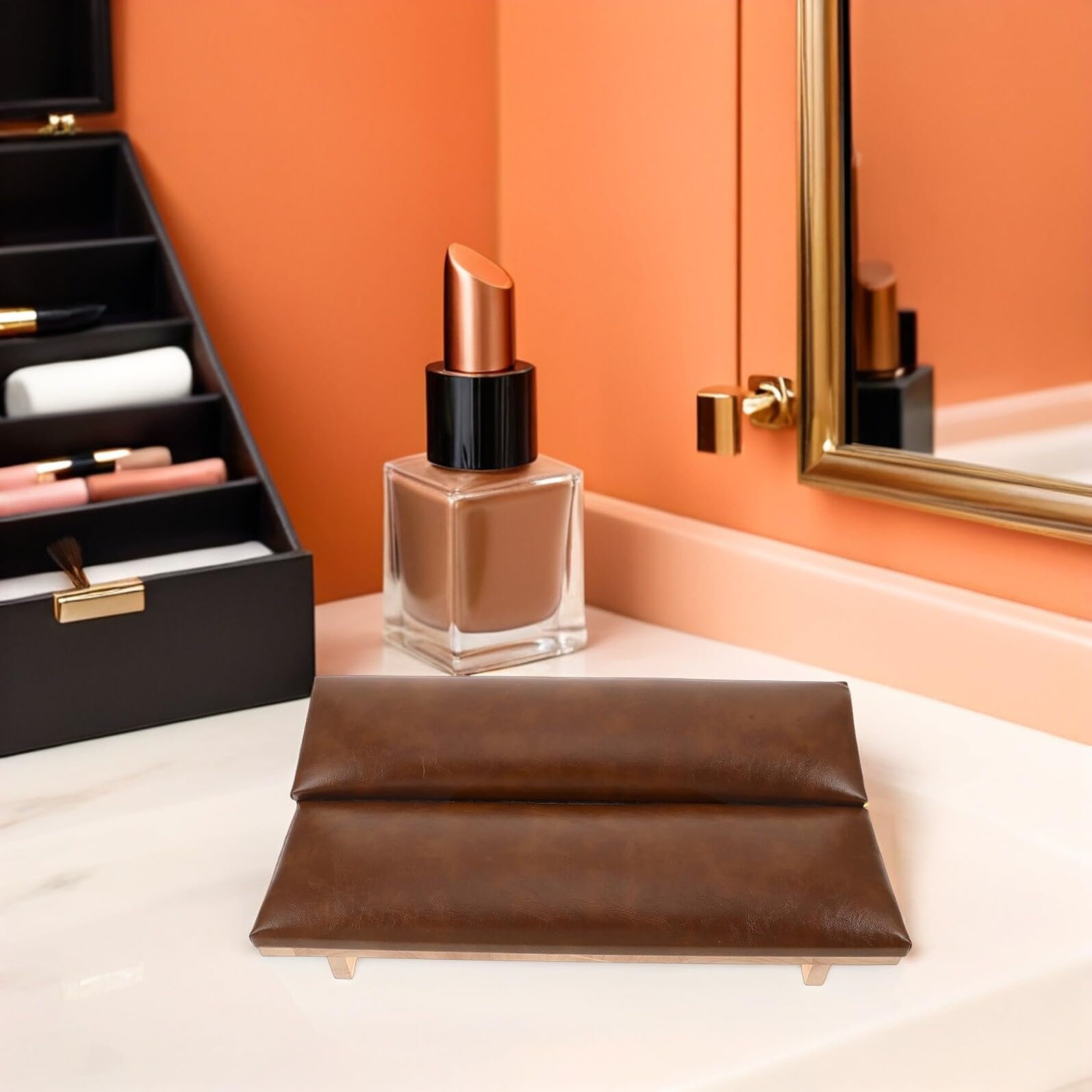 Podpórka Do Manicure z Podpórką pod Rękę i Podłokietnikiem Ergonomiczna Poduszka z Imitacji Skóry i Drewnianą Podstawą Antypoślizgowa Podpórka Do Paznokci Brązowa