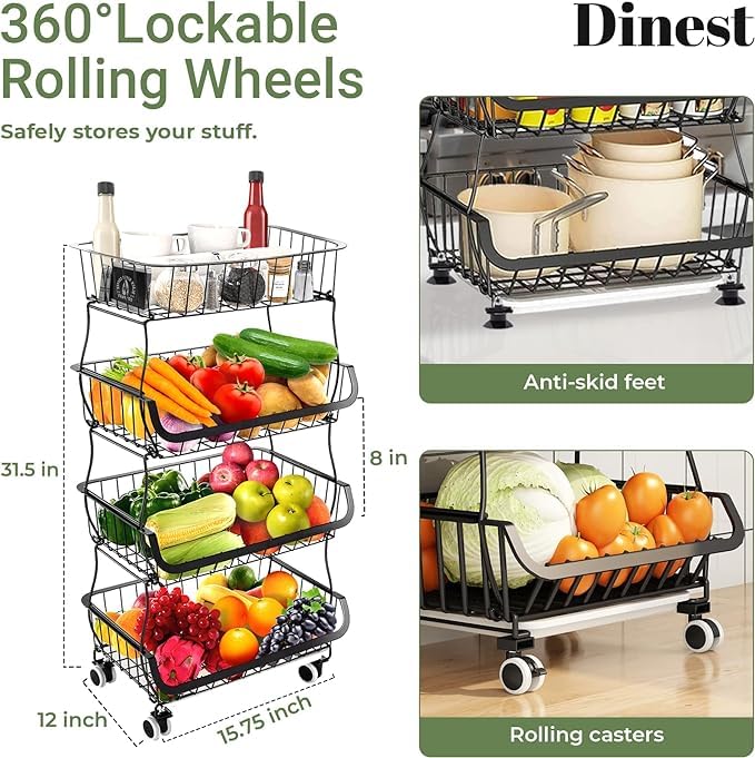 DINEST Modern Tier Fruit Vegetable Storage Basket with Rolling Wheels - Dining Table and Kitchen Counter Organizer - Creative Fruit Basket Stand Made of Iron (4 Tier 16.14