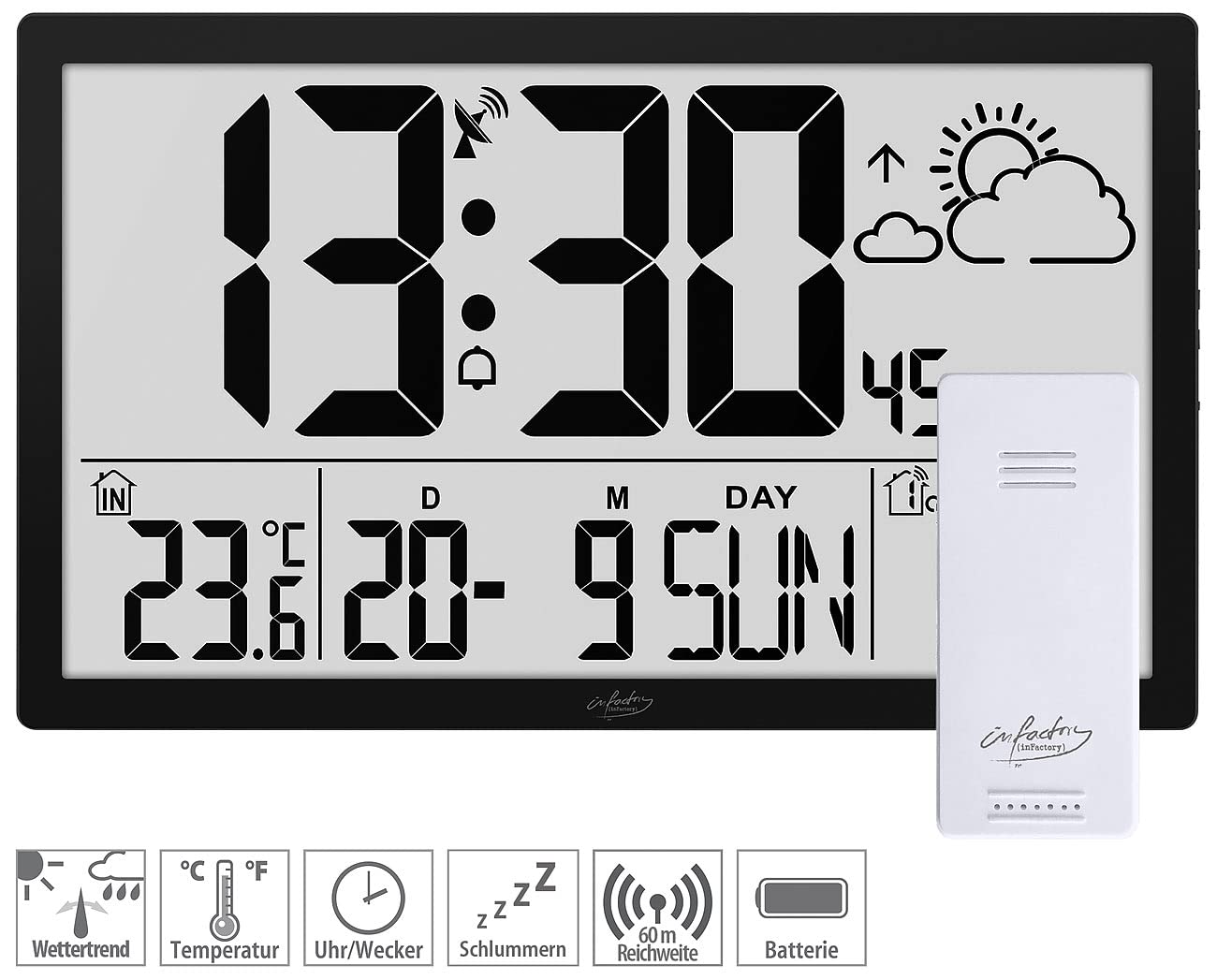 infactory XXL Wanduhr Digital: Funk-Wanduhr mit Jumbo-LCD-Display, Wetterstation und Außensensor (Funk Digital groß, große mit Wetterstation, Alarm)