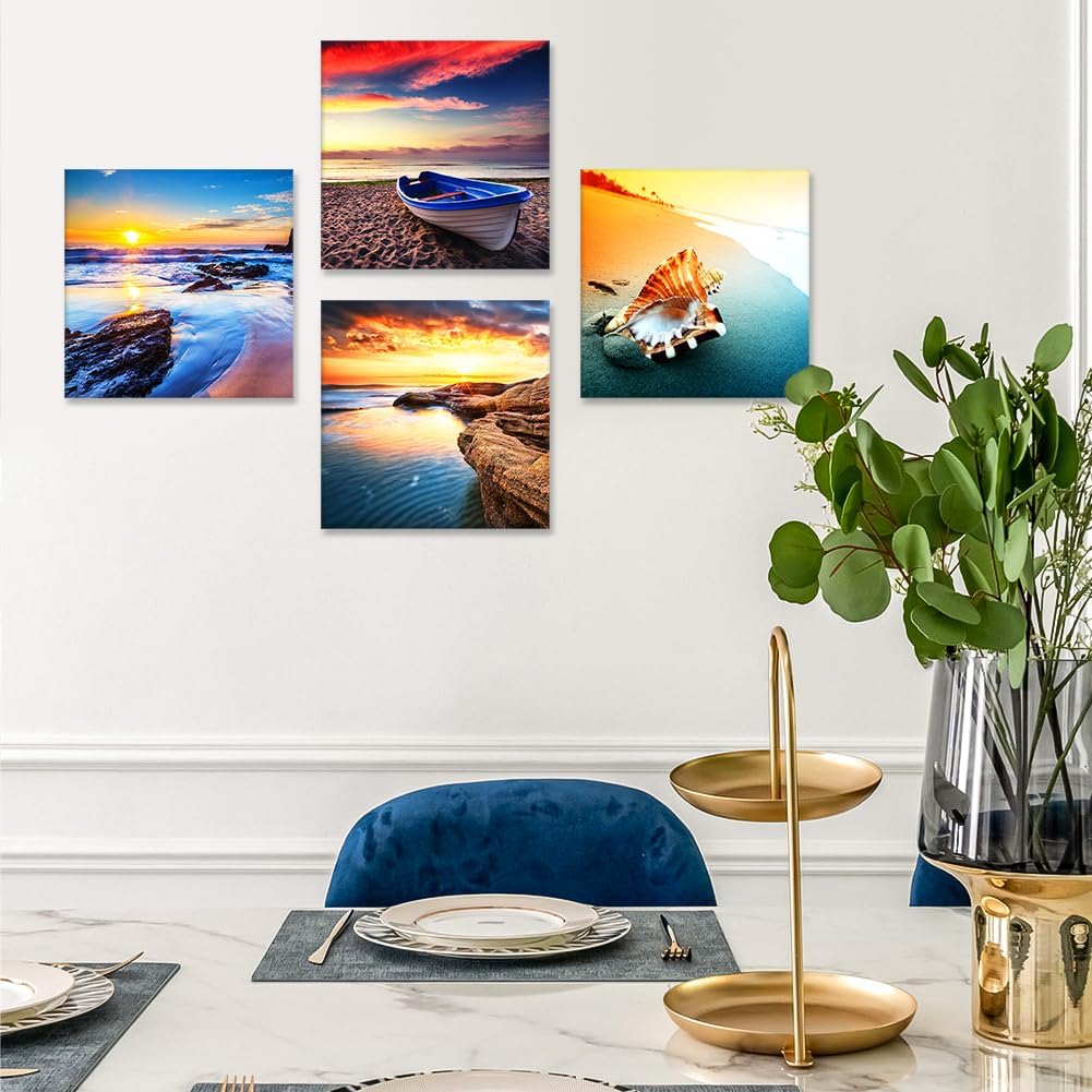 Artscope 4 Pieces Canvas Prints Wall Art - Picture Painting- Modern Wall Artwork Framed for Bathroom Home Office Decor - 12 x 12 Inch (Sunset Seaside Scenery, 12x12)