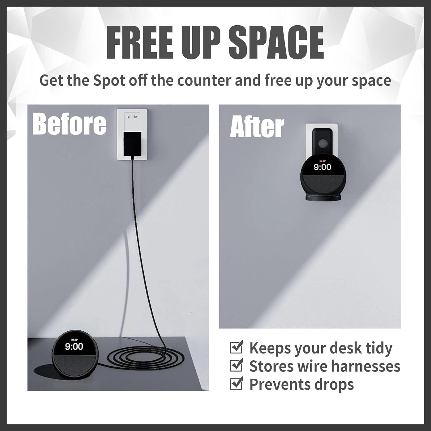 Wall Mount Holder Compatible with Echo Spot 2024, Outlet Mount with Hidden Cable Management, Space-Saving Shelf for Bedroom, Kitchen, Living Room, No-Drill Installation (White)