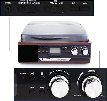 Record Player, Stereo Phono Turntable Vinyl LP Record Player AMFM Radio USB/SD Aux Cassette MP3 Recorder Headphone Jack Month Day Gift