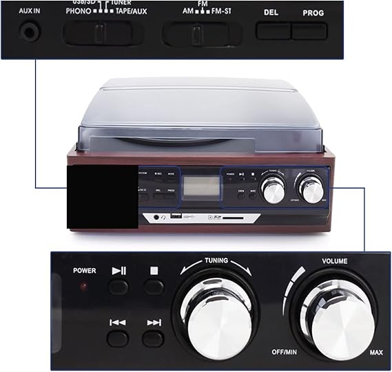 Record Player, Stereo Phono Turntable Vinyl LP Record Player AMFM Radio USB/SD Aux Cassette MP3 Recorder Headphone Jack Month Day Gift