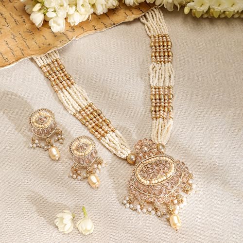 Image of Rubans Pearl Long Necklace Set Gold Plated Traditional Stylish Jewellery Gift for Women & Girls