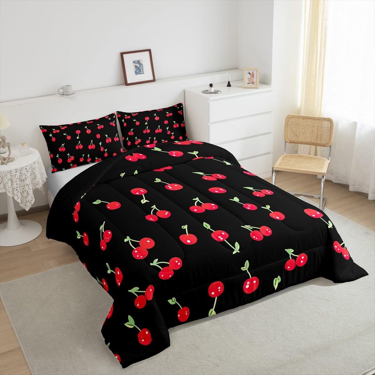 Erosebridal Red Cherry Bedding Set for Kids, Fruit Kawaii Comforter Set Full, Cute Cherry Cartoon Quilted Duvet for Boys Girls Women Bedroom Decor, Reversible Luxury Cherry Quilted Comforter, Black