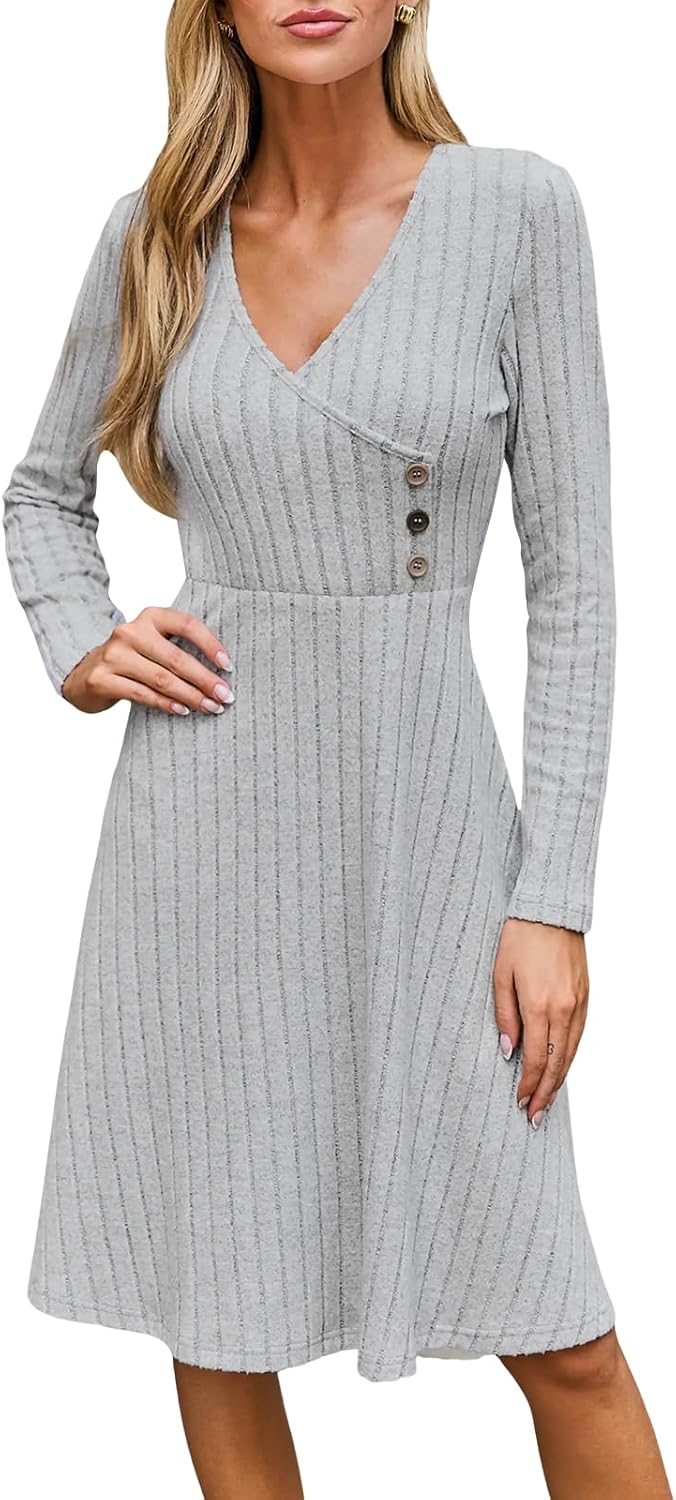CUPSHE Fall Dresses for Women V Neck Long Sleeve Ribbed Knit Button A Line Mini Casual Dress