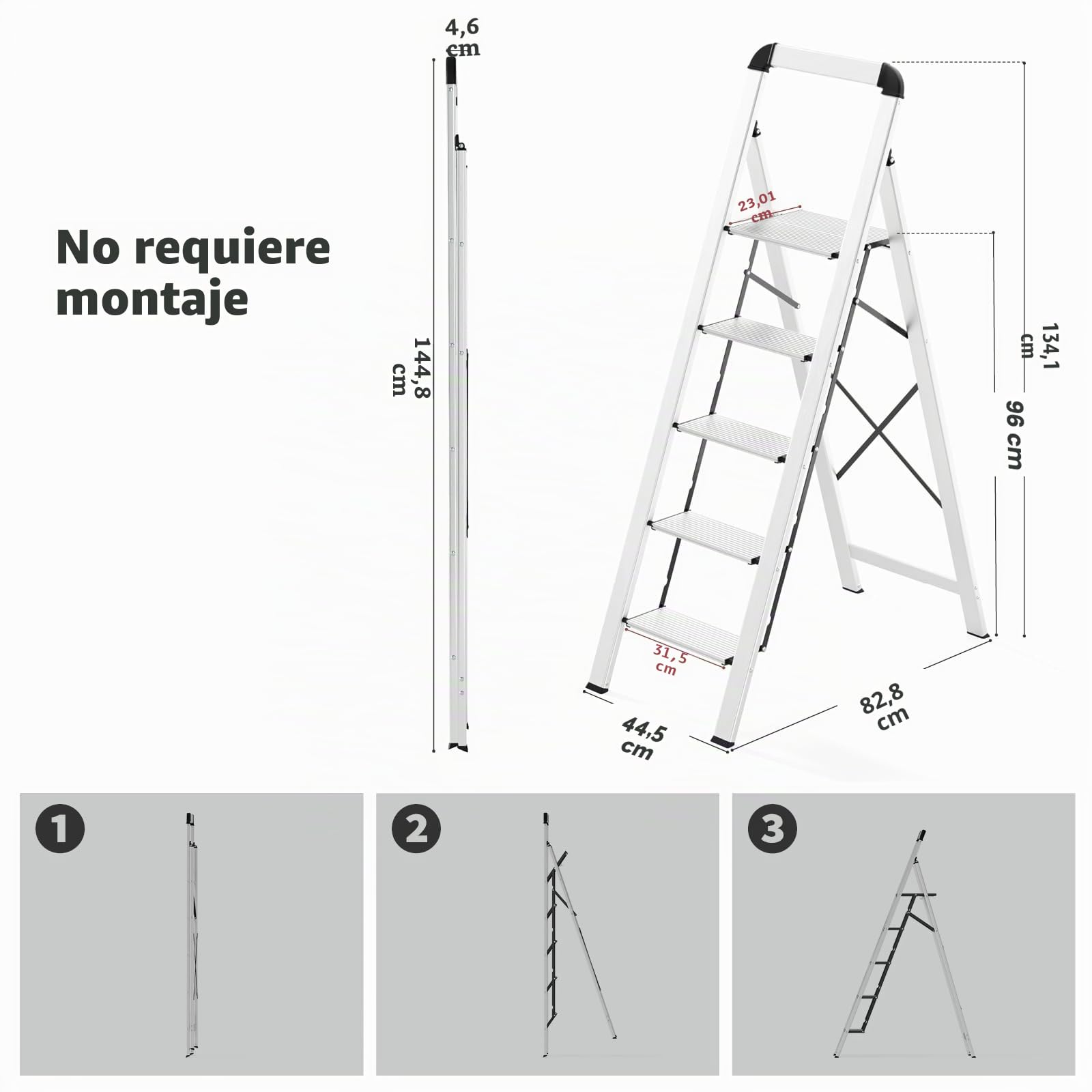 KINGRACK Escalera de Tijera 5 peldaños Plegable de Aluminio, Escalera Doméstica Estrecha con Pasamanos, Mecanismo Antiplegado, Uso Hogar Cocina Despensa Oficina, Ahorro de Espacio y Portátil, Plata