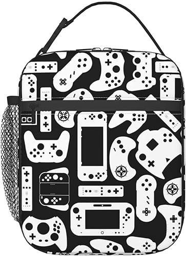 Bolsa de almuerzo de videojuegos en blanco y negro para niños y niños, fresca y reutilizable, portátil, aislada, bolsas de comida para escuela,