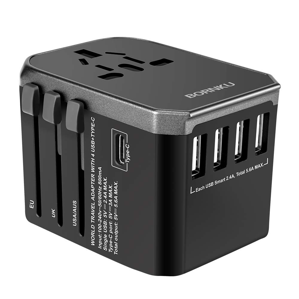 BORNKU Universal Travel Adapter - One Worldwide International Wall Charger AC Plug Adaptor with 5.6A Smart Power and 3.0A USB Type-C for USA EU UK AUS Cell Phone Tablet Laptop - Black (Black-02)