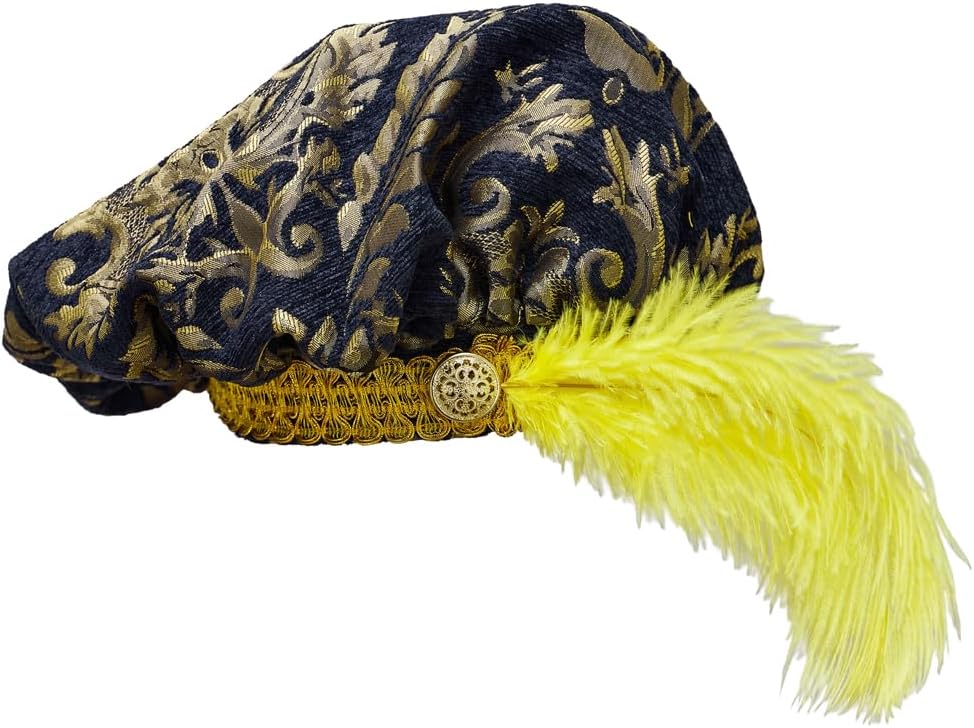 Willyacos Mens Medieval Tudor Hat with Feather Muffin Top Hat Renaissance Tudor Flat Cap Minstrel Costume Headwear Headpiece