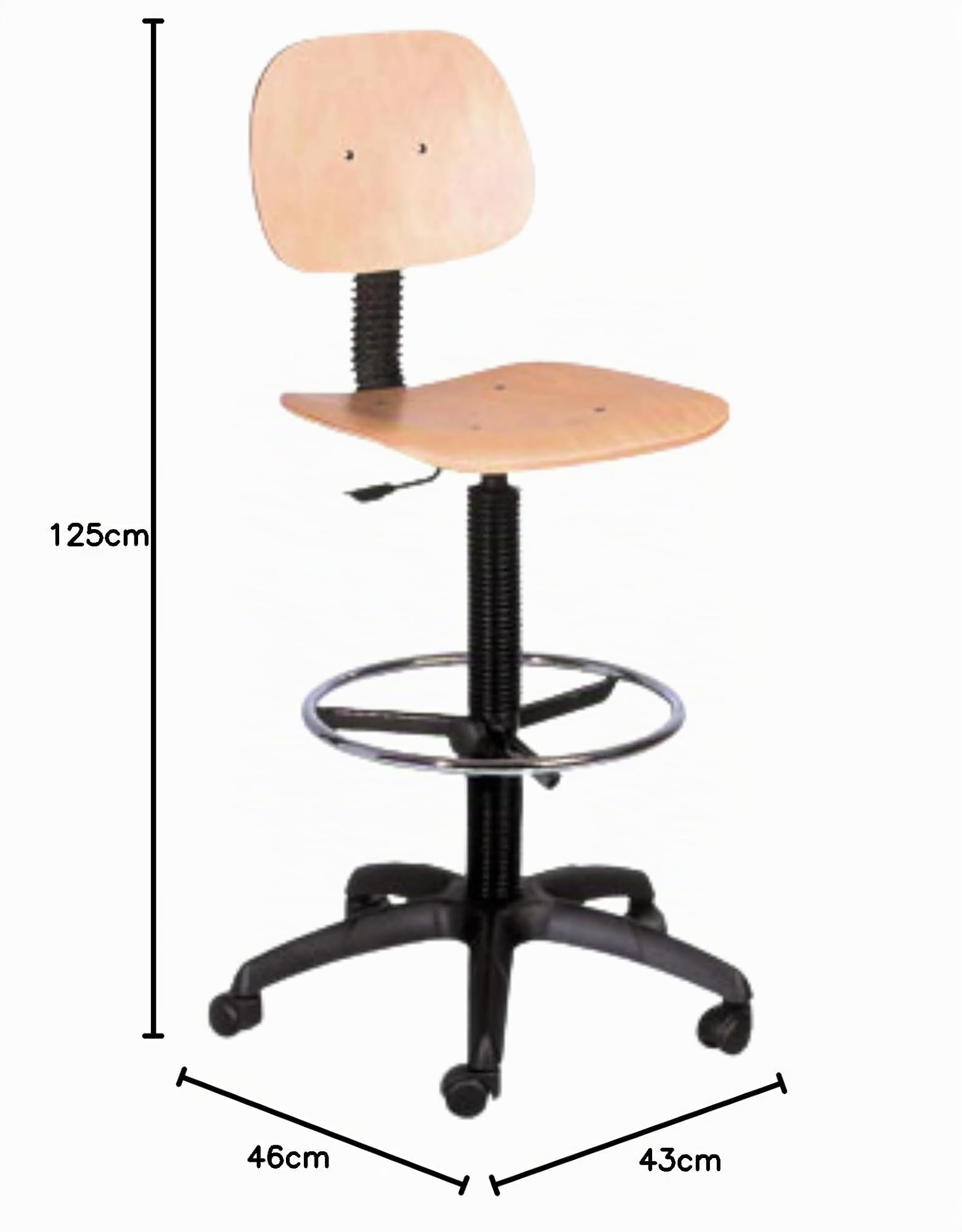 Topsit Arbeitsstuhl IND104 aus Holz, Buche klar lackiert, Stufenlose Sitzhöhenverstellung mit Toplift, Verchromter Fußring und Kunststoff-Fußkreuz