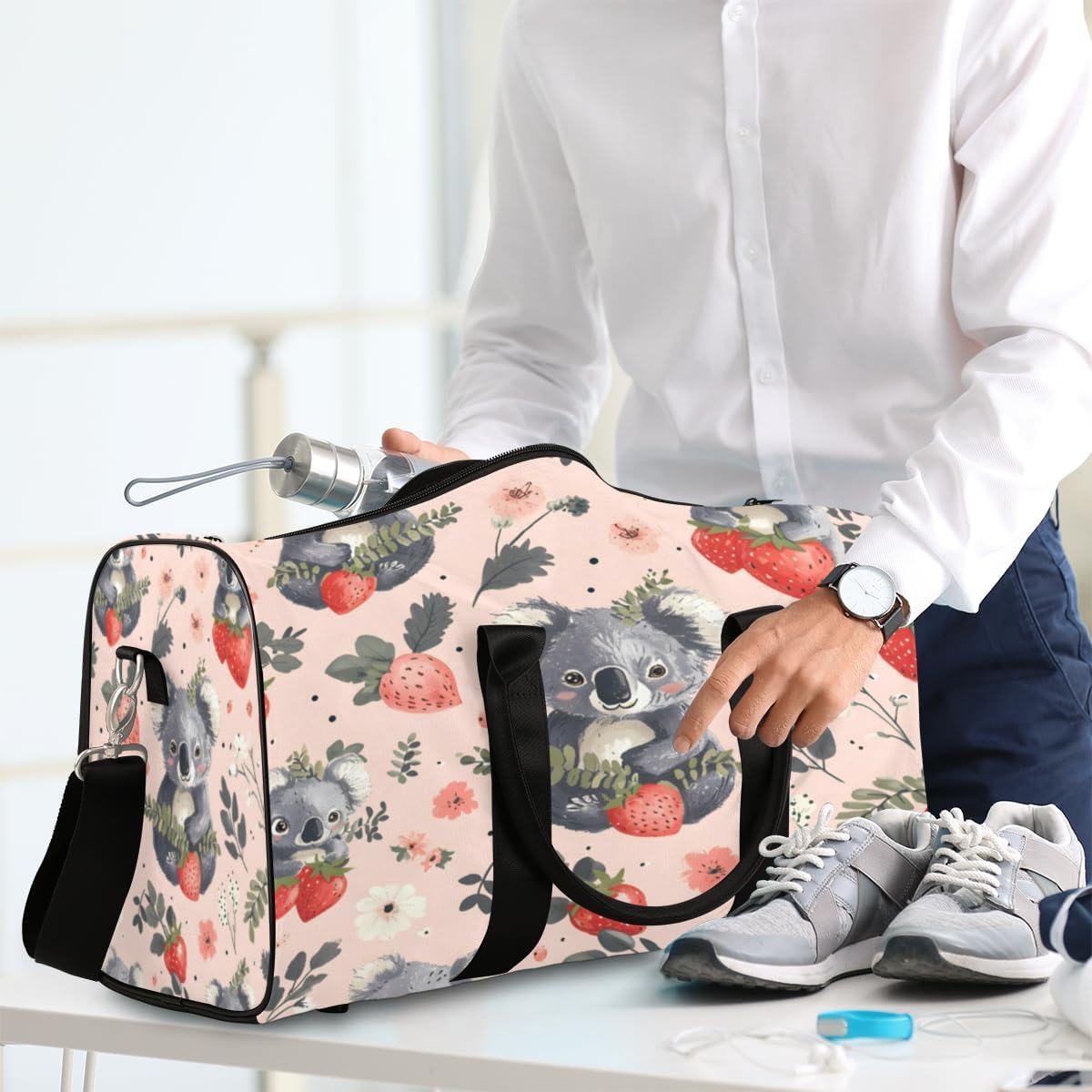 Cute Koala Strawberry Watercolour Travel Duffel Bag for Women Men Large Capacity Overnight Weekender Bags for Lightweight Waterproof Sport Gym Bag for Workout Yoga Swim