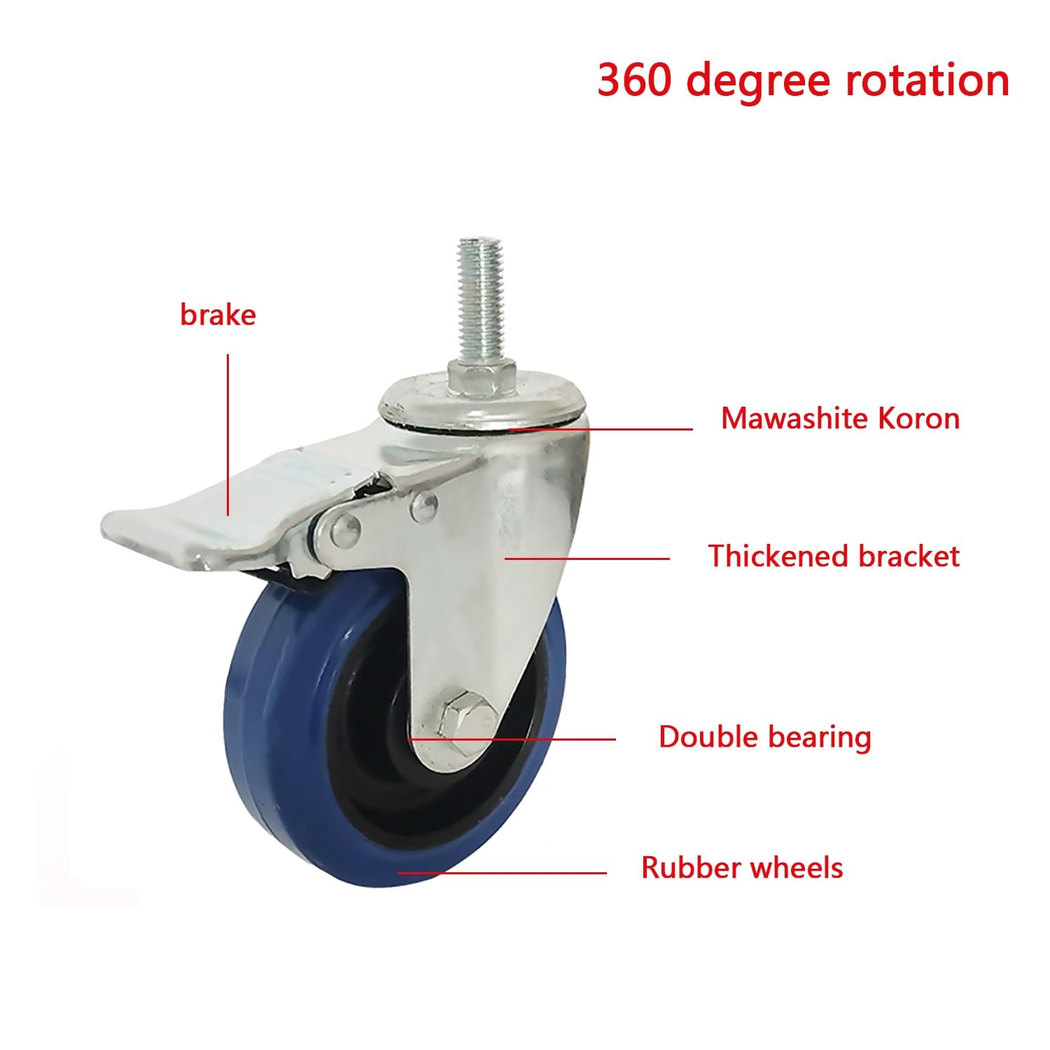 75mm M10*30mm roulettes à Tige Filetée, roulettes Pivotantes avec Frein, Capacité de Charge 240kg, Roues en Caoutchouc Silencieuses, Lot de 4(with Brake,5inch)