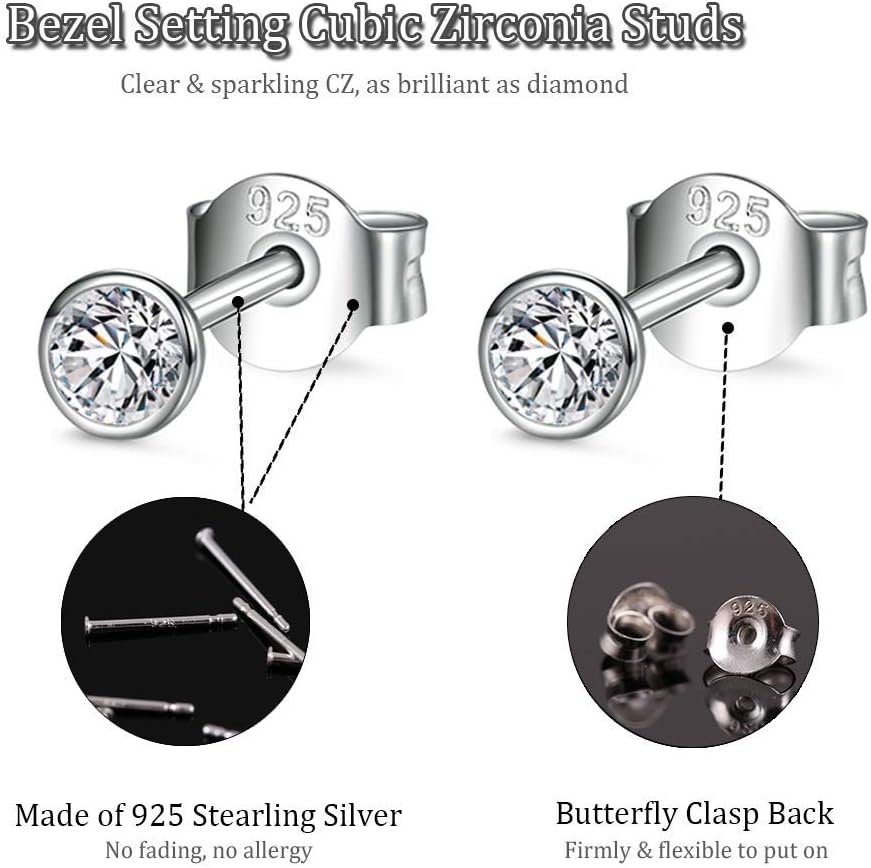 8 Pairs Hypoallergenic 925 Sterling Silver Tragus Earrings&Tiny Round Cubic Zirconia Studs