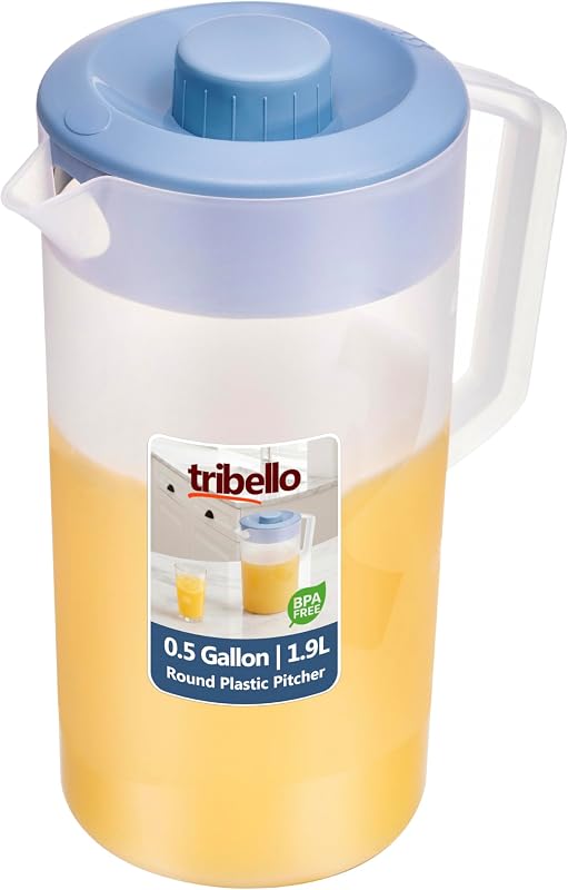 Tribello Pitcher with Lid Half Gallon, Clear Round Plastic Water Pitcher with 3-Way Lid, Ideal for Lemonade, Ice Tea, and Drinks, Freezer/Dishwasher Safe, and BPA Free (0.5 Gallon/2 Liters)